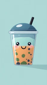 Smiling bubble tea cup illustration brightens a pastel scene