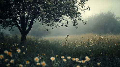 Foggy meadow landscape with solitary tree and wildflowers.