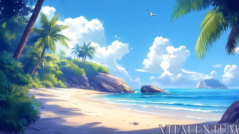 Tropical Beach Paradise with Coral Formations and Atmospheric Rendering.
