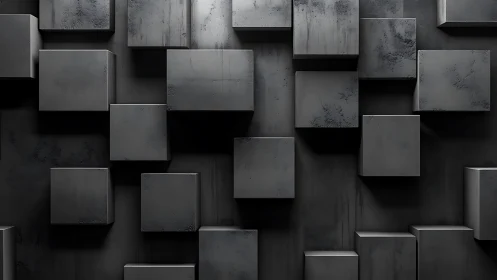 Bold charcoal cubes create a calm, geometric wall rhythm