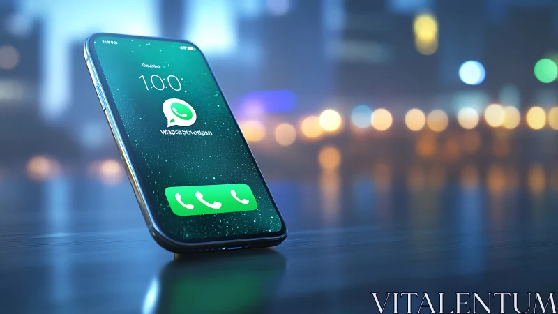 Bezel-less smartphone with VoIP call screen in night city bokeh