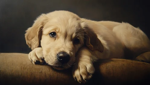 Golden puppy daydreams in candlelit hush of evening calm.