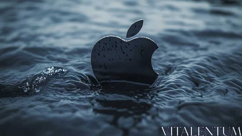 Chrome apple icon surfaces dramatically from stormy digital sea