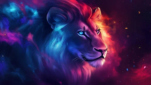 Cosmic lion profile glows in neon bicolor starlit haze.