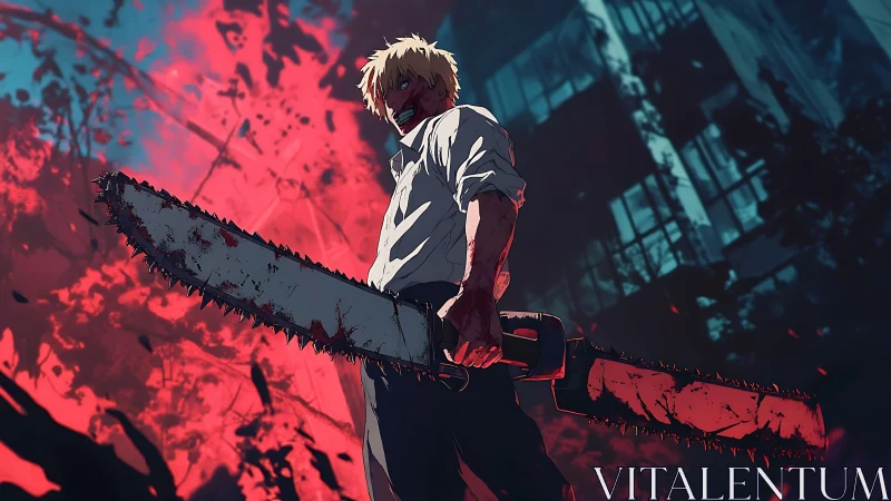 Bloodied chainsaw wielder under neon-lit devastation.