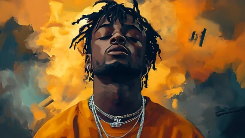 Portrait shows stylized male figure against abstract orange backdrop