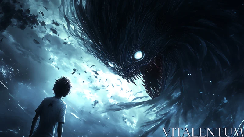 Boy confronts massive glowing eyed shadow monster at night.