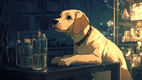 Canine laboratory observer amid illuminated reagent glassware.