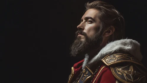 Profile portrait of bearded fantasy commander in ornate armor