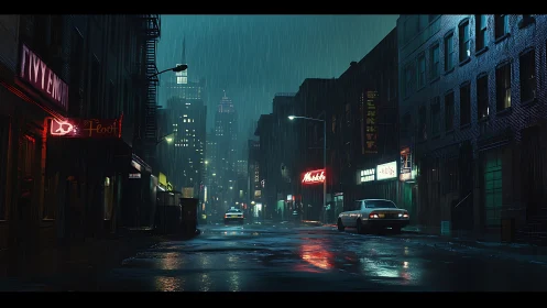 Rain-soaked neon backstreet humming with midnight whispers.