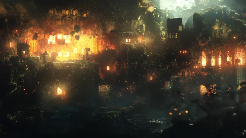 Burning Kingdom: Digital Nocturne of Fire-Lit Towers