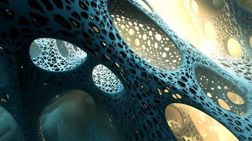 Fractal porous lattice structure in teal and warm light.