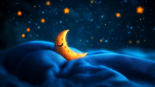 Sleepy crescent moon napping on velvet midnight waves.