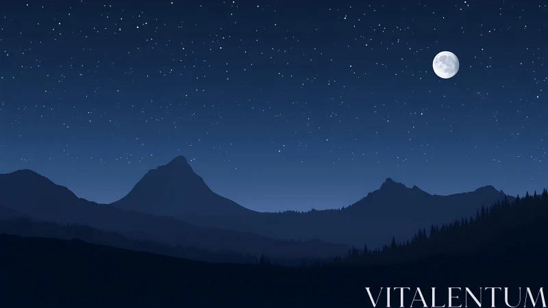 Moonlit mountain range rests under a calm star-filled sky