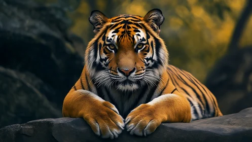Calm tiger resting on rock ledge in warm forest light.