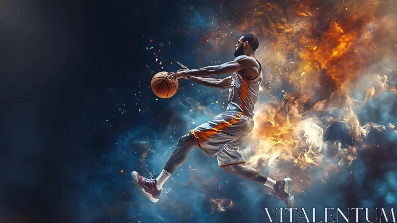 Digital basketball dunk amid blazing fire and cool smoke.
