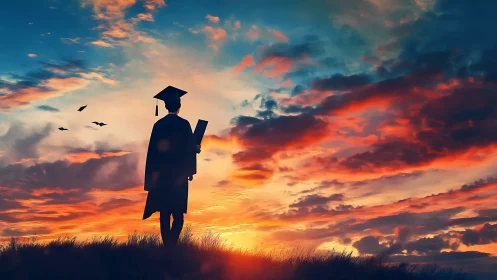 Graduate silhouette against blazing sunset horizon sky.