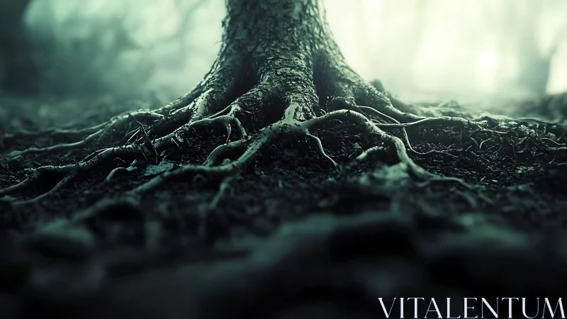 Gnarled forest roots emerging from misty earthscape.
