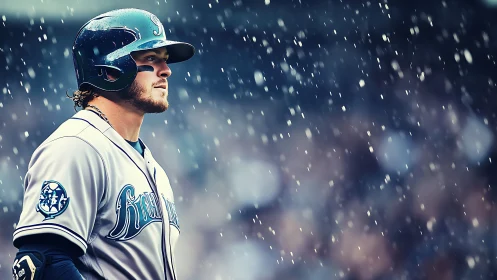 Baseball player stands in light snowfall during outdoor game