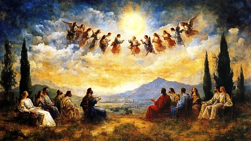 Religious gathering under radiant sky with angels above.
