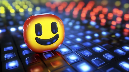 Vibrant smiley emoji icon glows on neon digital buttons