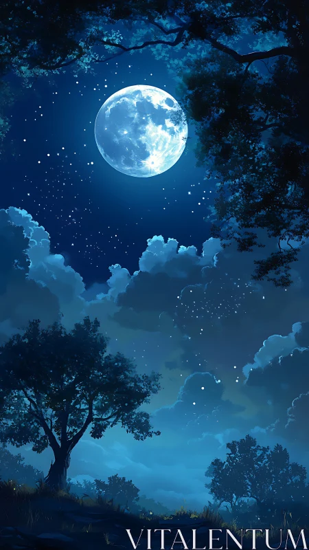Quiet moonlit forest under a tender, starry blue sky.