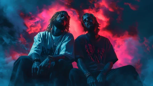 Two moody young men under vivid neon storm clouds.