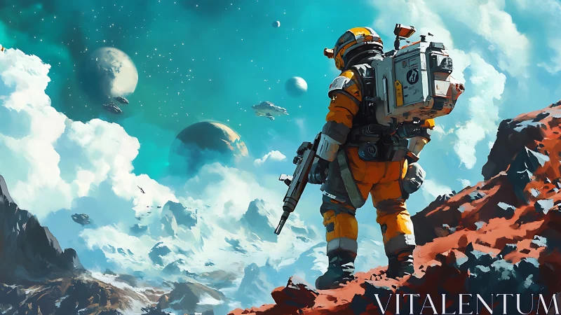 Explorer pausing on a red ridge to greet distant worlds.