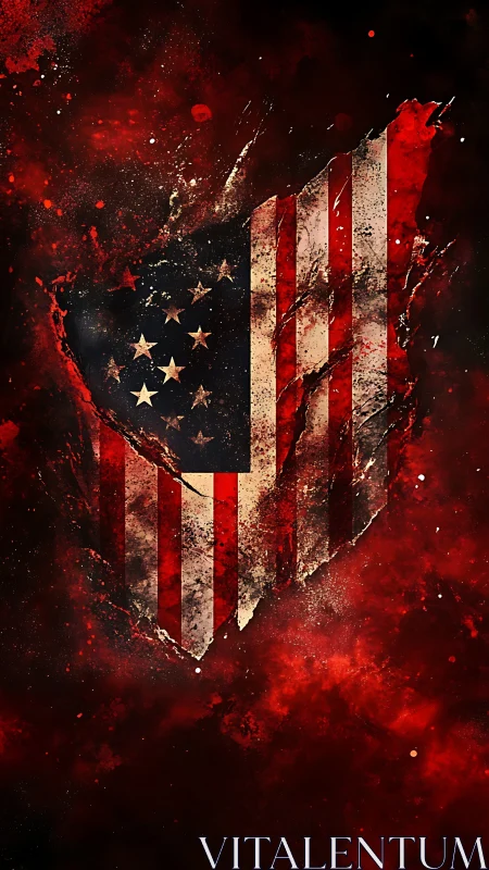 Distressed American flag shield rendered in high-contrast grunge abstraction