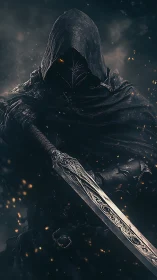Hooded duskblade leans into darkness with embers swirling
