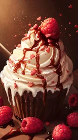 Chocolate cupcake with raspberries and cream topping observed.