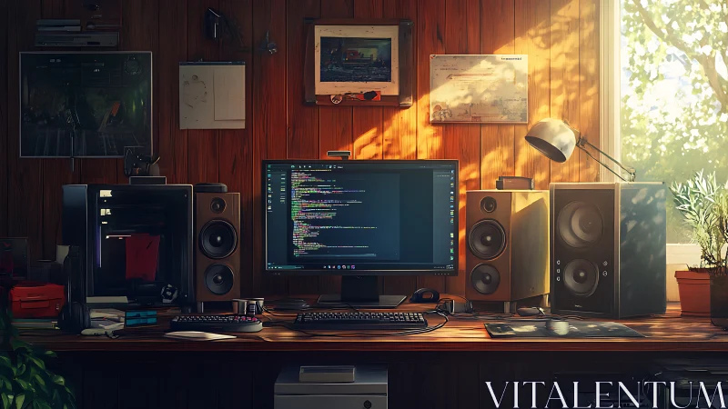 Sunlit programmer&rsquo;s desk with monitor and studio speakers.