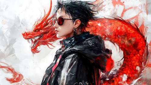 Cool rebel in shades walking beside a fiery red dragon.