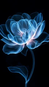 Luminous blue digital flower glows on a deep black void.