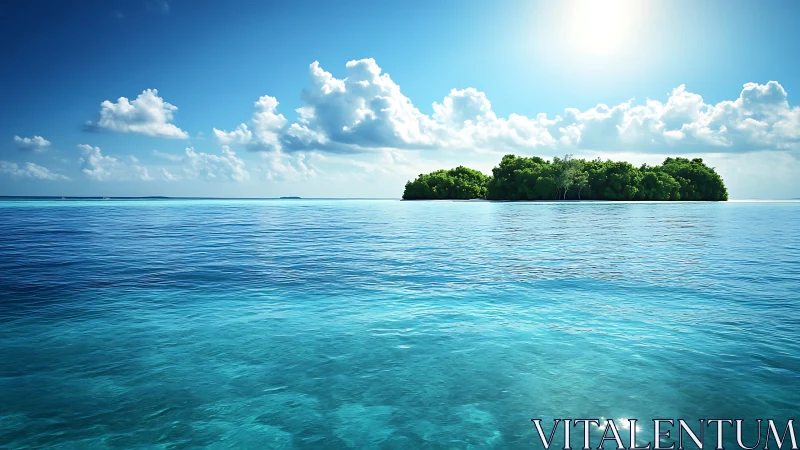 Isolated tropical island with forested canopy in clear ocean water.