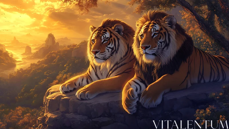 Two tigers with manes resting on stone platform at sunset
