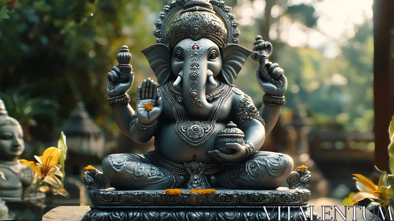 Silver Ganesha statue quietly gathers sunlight and devotion