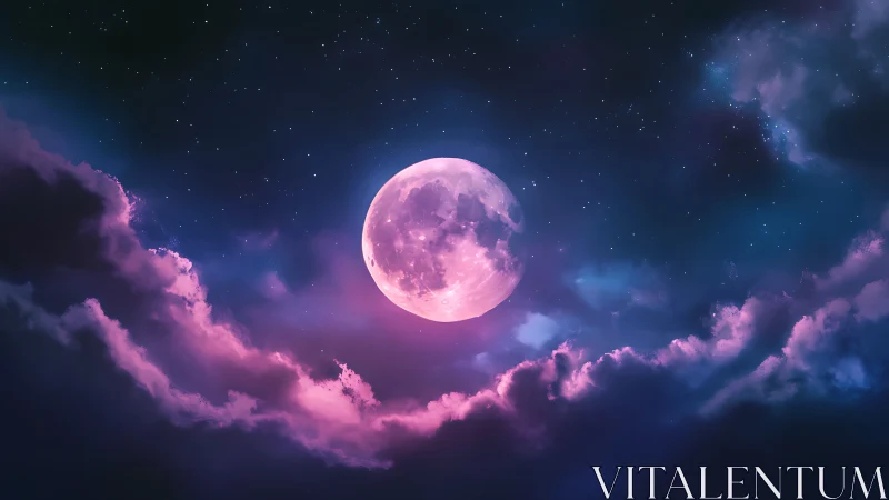 Luminous pink moon framed by magenta clouds at night sky.