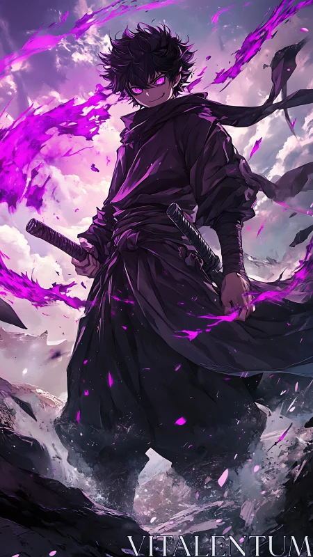 Storm-lit dark swordsman unleashes crackling violet energy