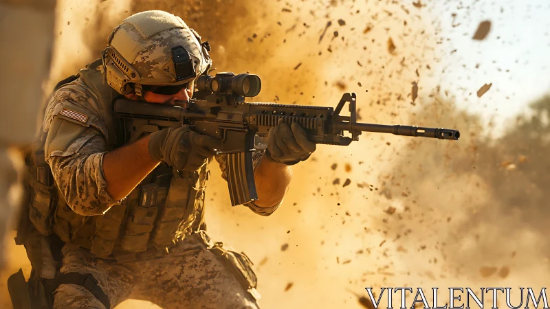 Soldier in modern combat gear aims rifle amid airborne debris