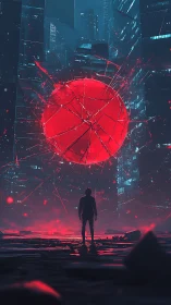 Shattered red sphere hangs over lone figure in neon city