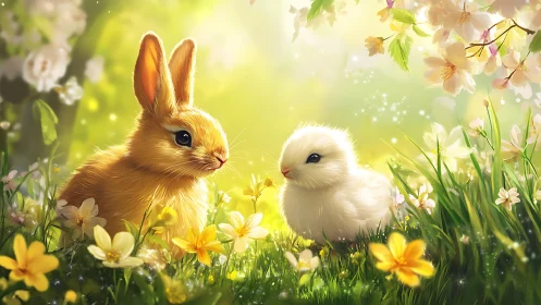 Spring meadow dream with bunny and chick in warm sunlight.