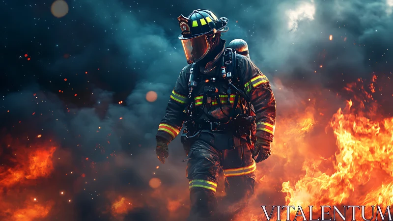 Firefighter in full protective gear surrounded by intense flames