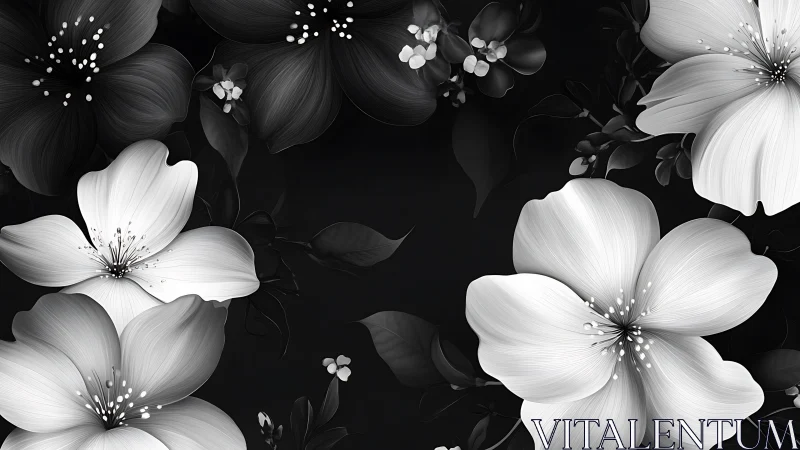Black and White Floral Elegance. Graceful blooms dance against darkness.