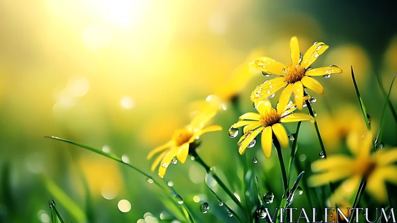 Photorealistic macro of dewy yellow wildflowers at sunrise.