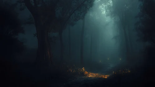 Moody nocturnal forest corridor rendered in cinematic digital light
