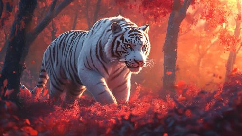 White tiger moving through dense red forest at sunset.