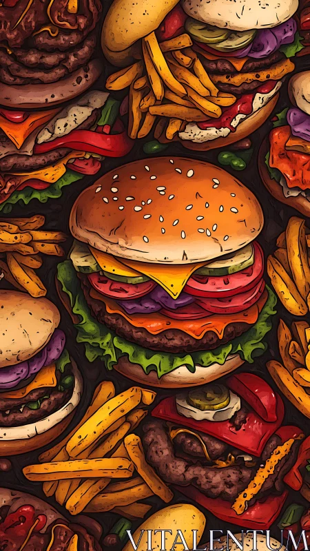 Layered hamburger and fries pattern uses bold outlines and tonal shading
