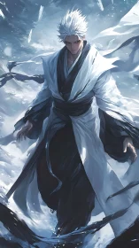 White-haired warrior in flowing robes amid icy spectral storm.