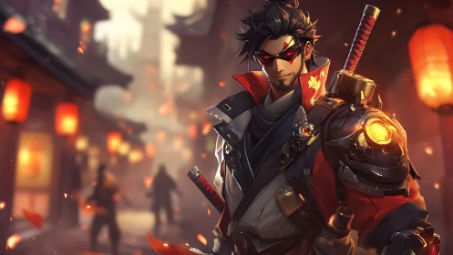 Cyber samurai stands confident in neon-lit lantern street